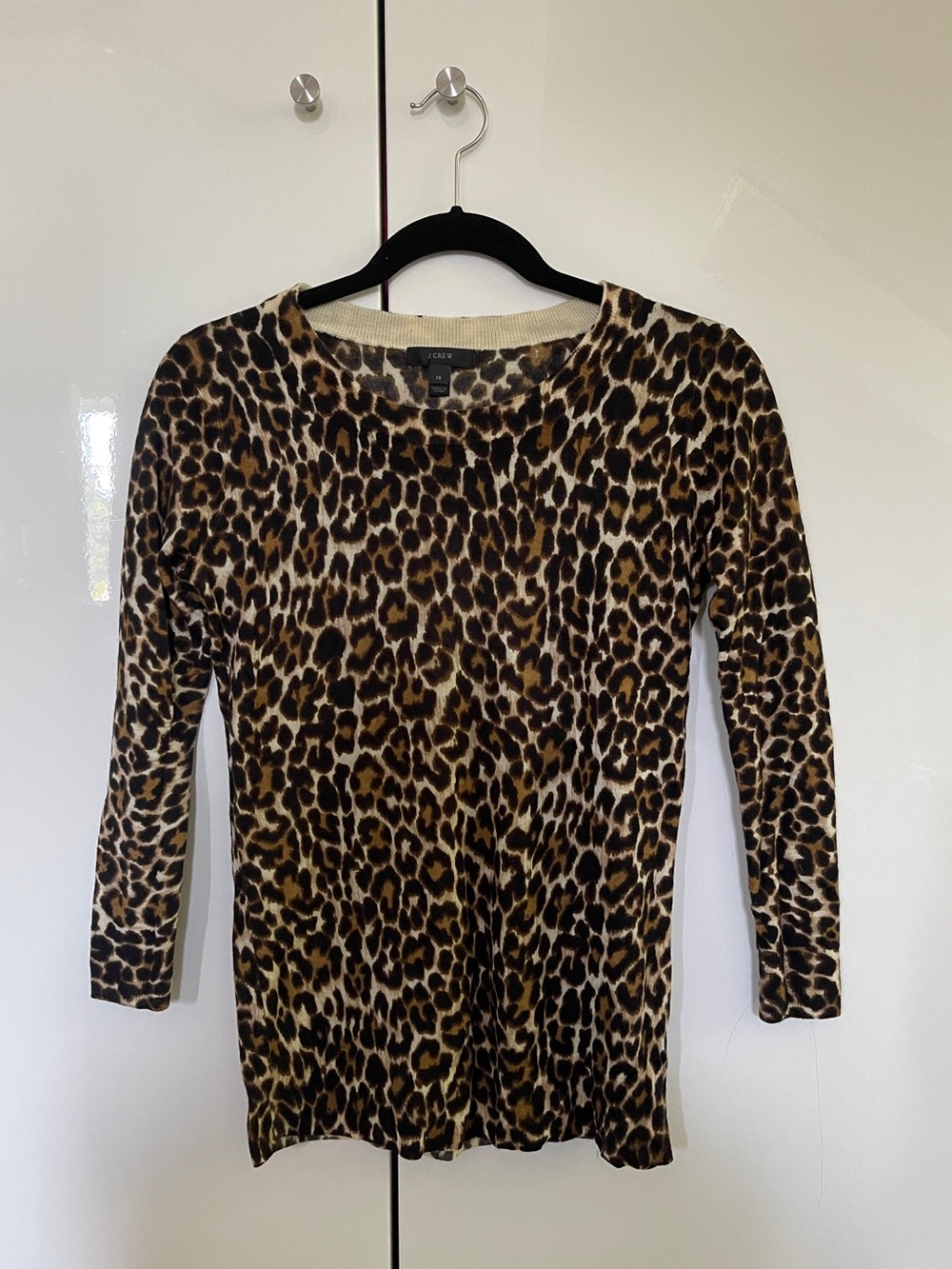 J Crew Merino Wool 3/4 Sleeve Leopard Print Knit Sweater Top XS